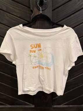 aerie White Graphic Crop Tee with Orange & Blue Beach Print